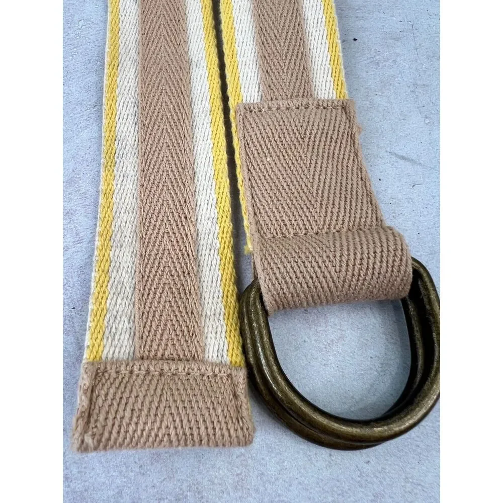 Vintage‎ Beige & Yellow Canvas Belt With Brass D-Ring Buckle